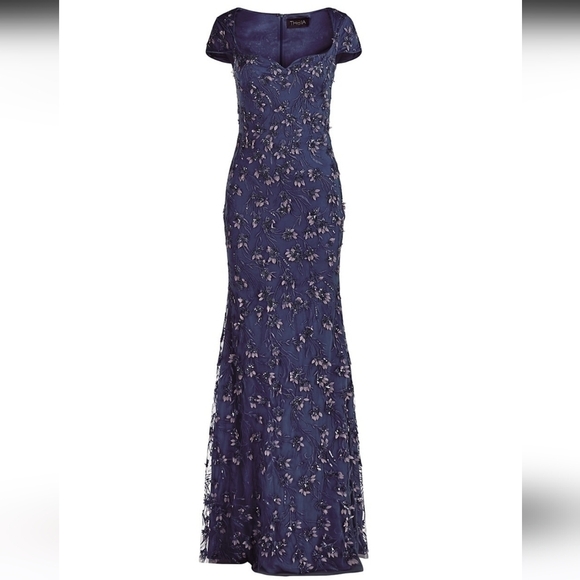 Theia NWT $1095 Bree Cap-Sleeve Floral Beaded Evening Gown Navy Blue size 8 - Picture 6 of 15